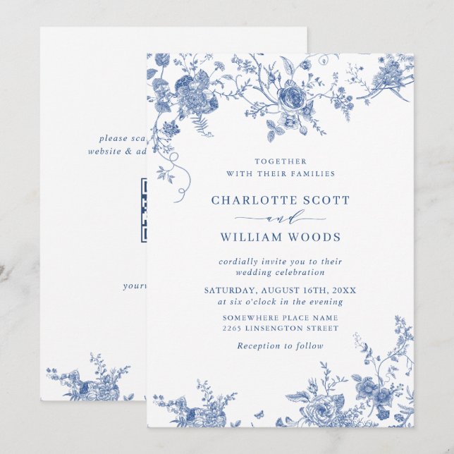 Victorian Blue French Floral Wedding QR code Invitation (Front/Back)
