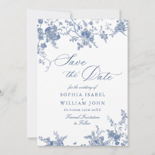 Victorian Blue French Floral Wedding QR code Save Save The Date