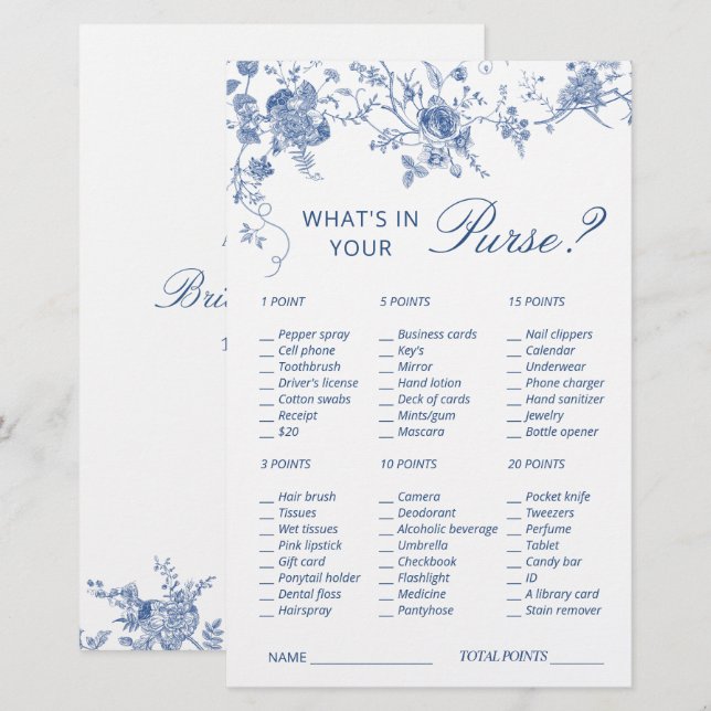 Victorian Blue French Garden Bridal Shower Game (Front/Back)