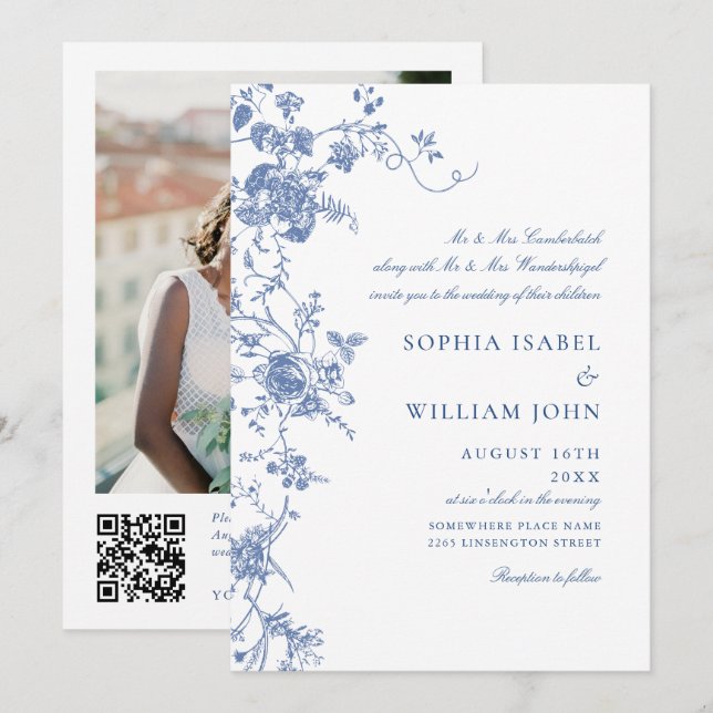 Victorian Blue French Garden QR code Photo Wedding Invitation (Front/Back)