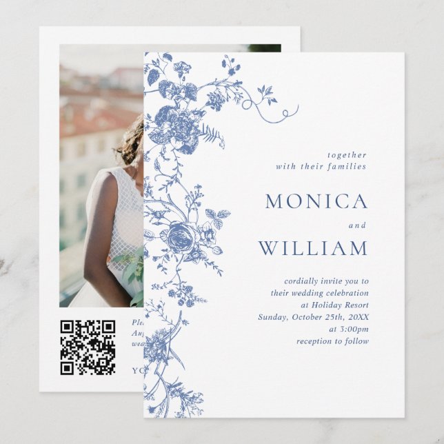 Victorian Blue French Garden QR code Photo Wedding Invitation (Front/Back)