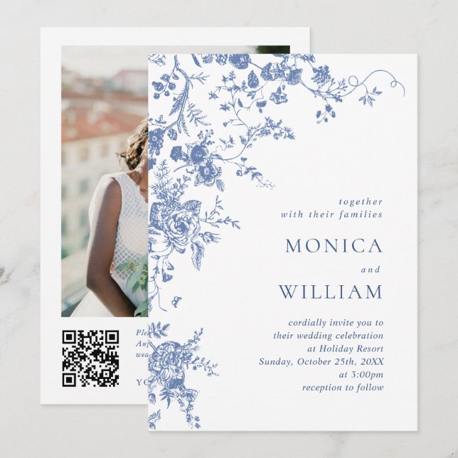 Victorian Blue French Garden QR code Photo Wedding Invitation (Front/Back)