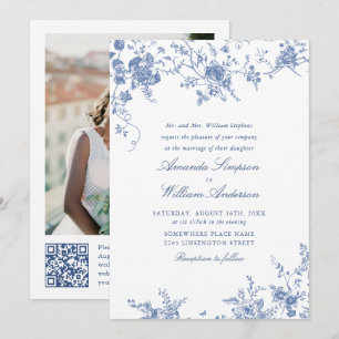 Victorian Blue French Garden QR code Photo Wedding Invitation