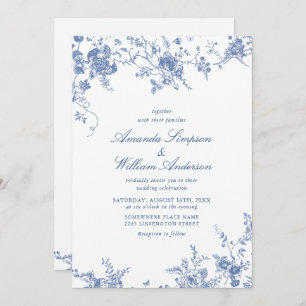 Victorian Blue French Garden QR code Wedding Invitation