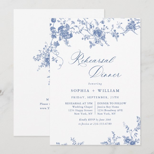 Victorian Blue French Garden Rehearsal Dinner Invitation (Front/Back)