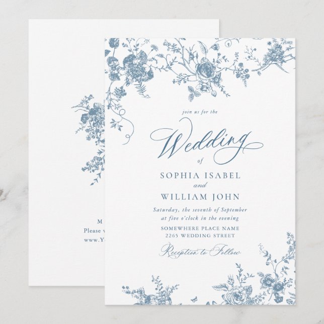 Victorian Blue French Garden Toile Floral Wedding Invitation (Front/Back)
