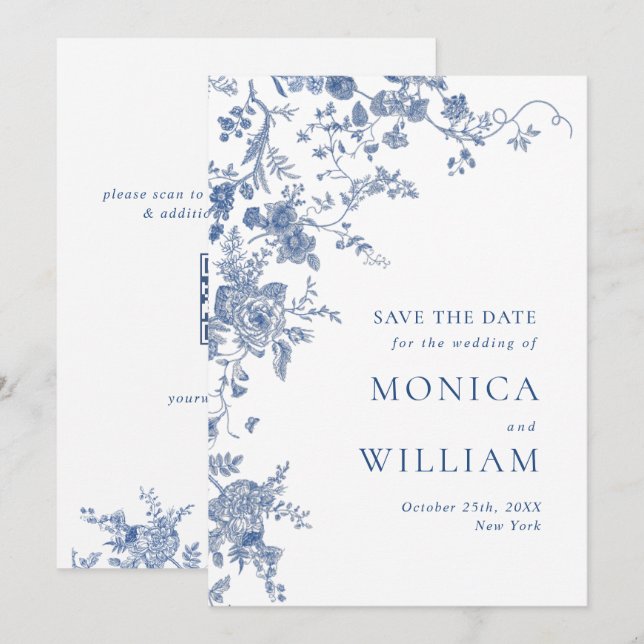 Victorian Blue French Garden Wedding QR code Save The Date (Front/Back)
