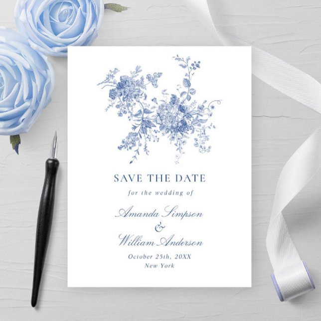 Victorian Blue French Garden Wedding Save the Date Postcard (Creator Uploaded)