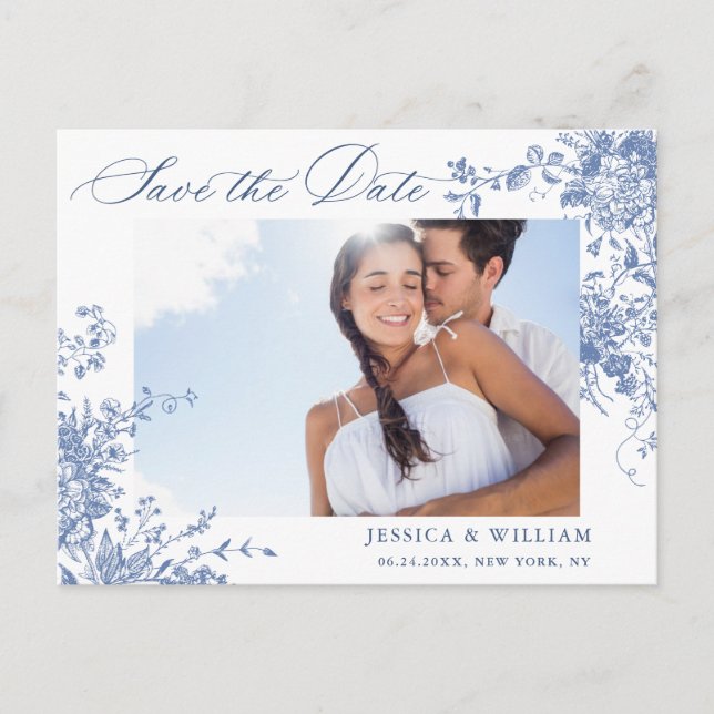 Victorian Blue French Garden Wedding Save the Date Postcard (Front)