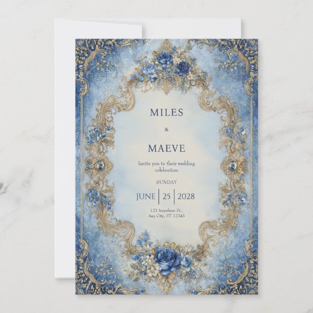 Victorian Blue Rose & Gold Scroll Wedding  Invitation (Front)