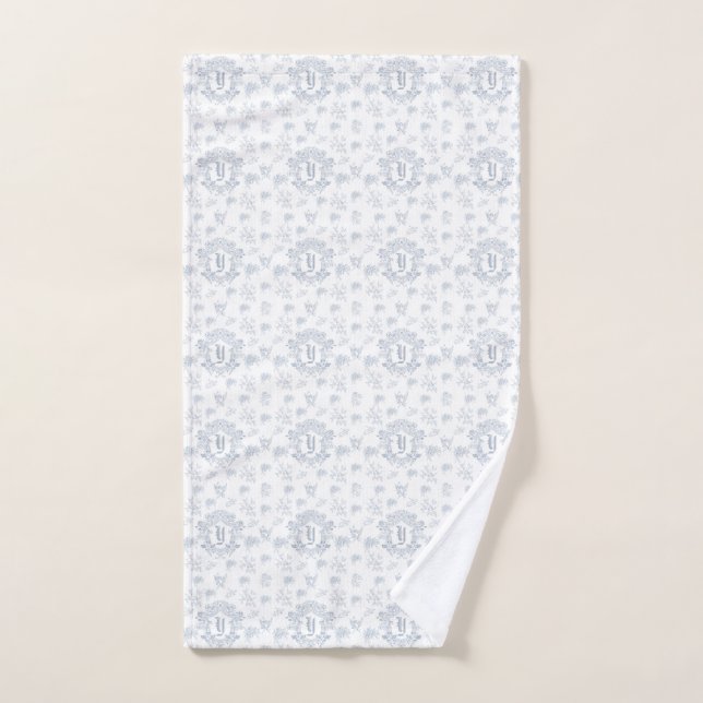 Victorian Blue Toile Repeating Monogram Name Hand Towel (Hand Towel)