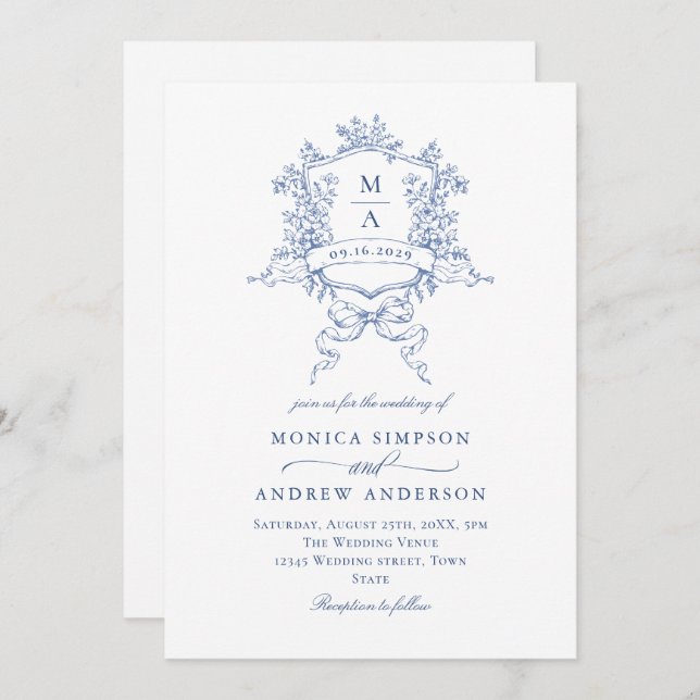 Victorian Blue Wedding Ornate Floral Crest Invitation (Front/Back)