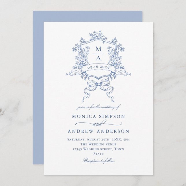 Victorian Blue Wedding Ornate Floral Crest Invitation (Front/Back)