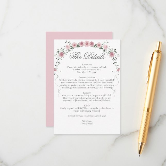 Victorian Blush Pink Floral Vine Wedding Details Enclosure Card (Front/Back In Situ)