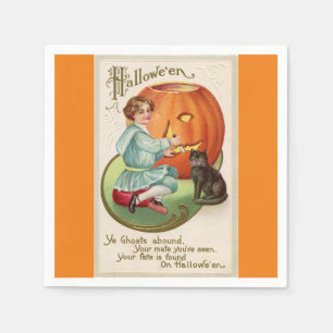 Victorian Boy Carving Pumpkin Halloween Paper Napkin