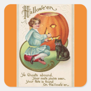 Victorian Boy Carving Pumpkin Halloween Square Sticker