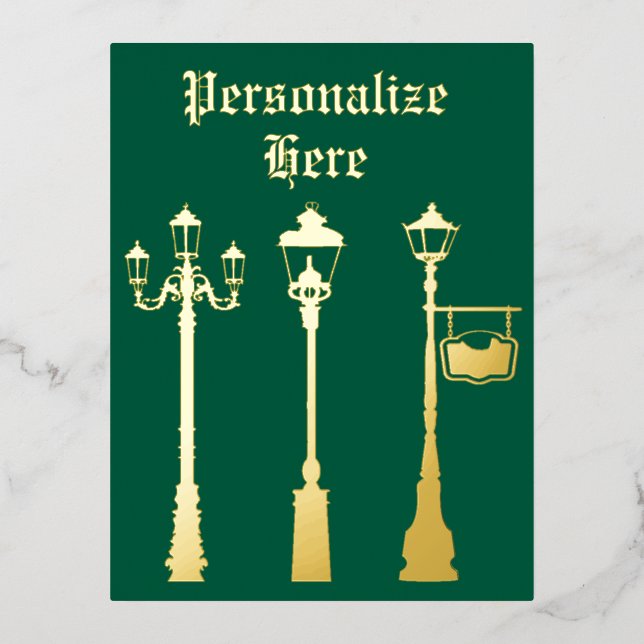 Victorian brass Lamp post lantern green gold Foil Holiday Postcard (Front)