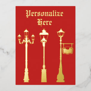 Victorian brass Lamp post lantern red gold Foil Holiday Postcard