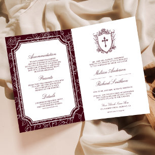 Victorian Burgundy Catholic QR Code Wedding Invitation
