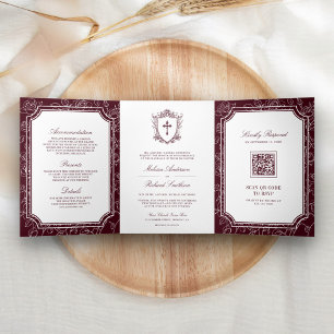 Victorian Burgundy Catholic QR Code Wedding Tri-Fold Invitation