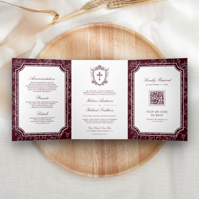 Victorian Burgundy Catholic QR Code Wedding Tri-Fold Invitation (Creator Uploaded)