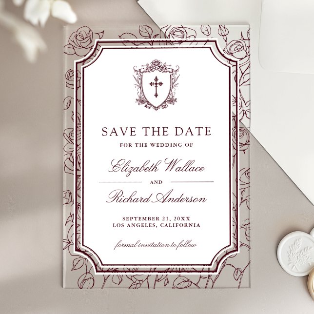 Victorian Burgundy Catholic Wedding Save the Date Acrylic Invitations (Creator Uploaded)