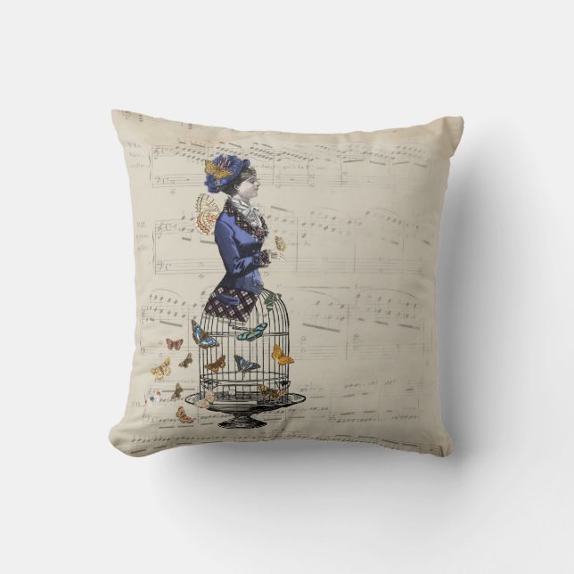 Victorian Butterfly Birdcage Steampunk Woman Tee Throw Pillow (Front)