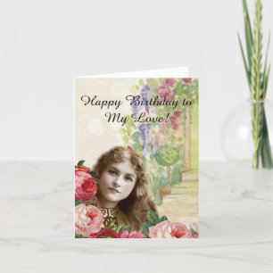 Victorian Cabbage Roses Woman Floral Note Card