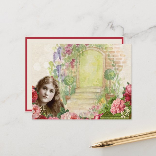Victorian Cabbage Roses Woman Floral Postcard (Front/Back In Situ)