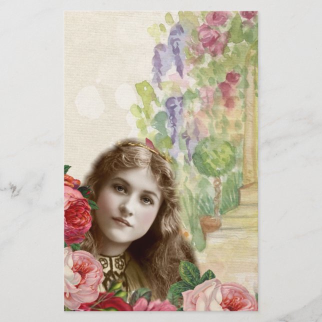 Victorian Cabbage Roses Woman Floral Stationery (Front)