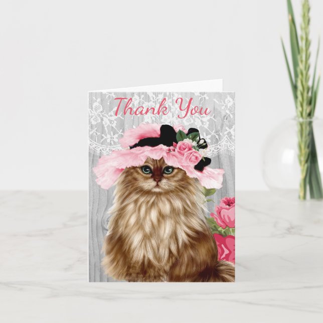 Victorian Cat in Hat with Lace Thank You Card (Front)
