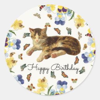 Victorian Cat Nap Floral Butterfly Happy Birthday Classic Round Sticker