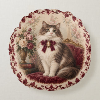 Victorian Cat Portrait Burgundy Floral Vintage  Round Pillow