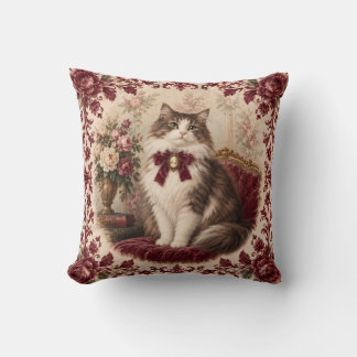 Victorian Cat Portrait Burgundy Floral Vintage  Throw Pillow