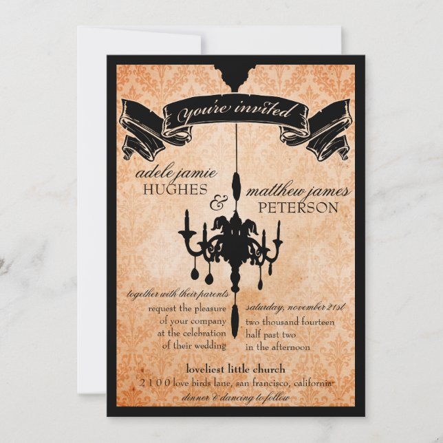 Victorian Chandelier • black & pale orange Wedding Invitation (Front)