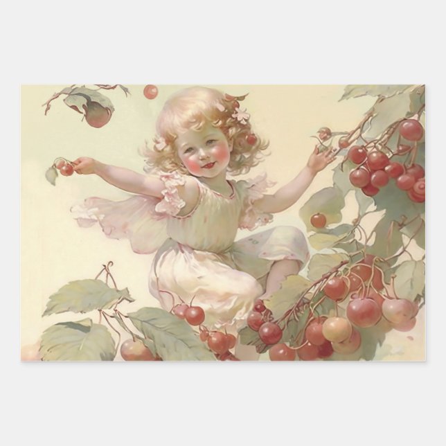 Victorian “Cherry Fairy” in a Fruit Tree   Wrapping Paper Sheet (Front)