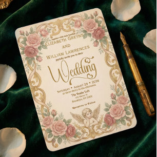 Victorian Cherub & Rococo Floral Frame Wedding Invitation