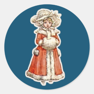 Victorian child paper doll winter coat hand muff classic round sticker