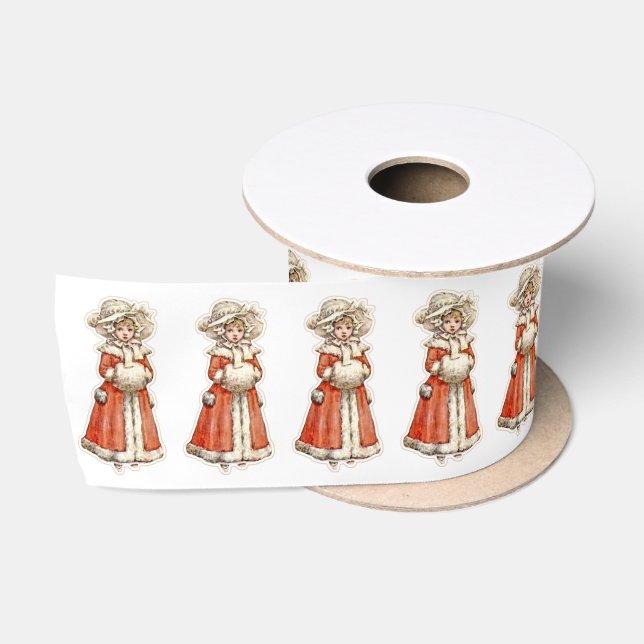 Victorian child paper doll winter red white cute satin ribbon (Spool)