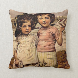 Victorian Children Beach Vintage Postcard Art Throw Pillow
