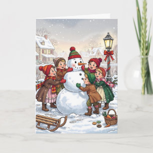 Victorian children build a snowman card
