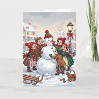 Victorian children build a snowman card