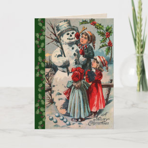 Victorian Children Building a Snowman Holiday Card