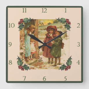 Victorian Children Christmas Break Square Wall Clo Clock