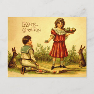 Victorian Children Easter Bunnies Antique Postcard