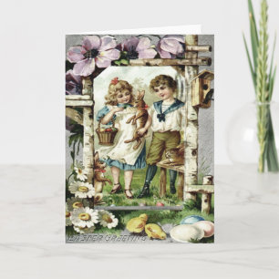 Victorian Children Easter Bunny Chick Egg Birdhous Holiday Card