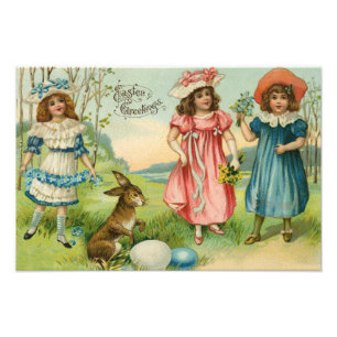 Victorian Children Easter Bunny Coloured Egg Photo Print