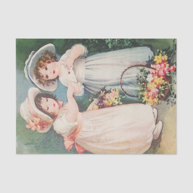 Victorian Children Holding a Valentine & Flowers Tissue Paper (Front)