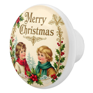 Victorian children Merry Christmas vintage Ceramic Knob