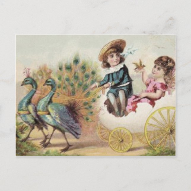 Victorian Children Ostrich Easter Egg Holiday Postcard (Front)